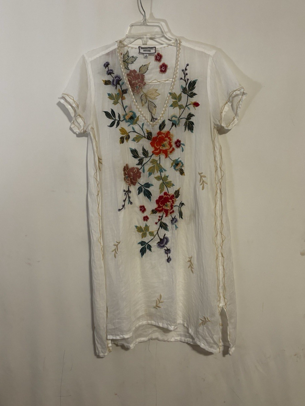 Johnny Was Workshop Dress Medium Aline Knee White Embroidered Floral White